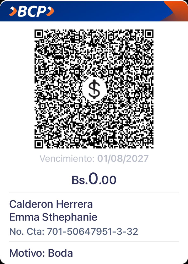 Código QR del Banco de Crédito BCP para transferencias en bolivianos